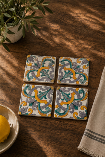 Galata Floral Desen 4lü Traverten Bardak Altlığı