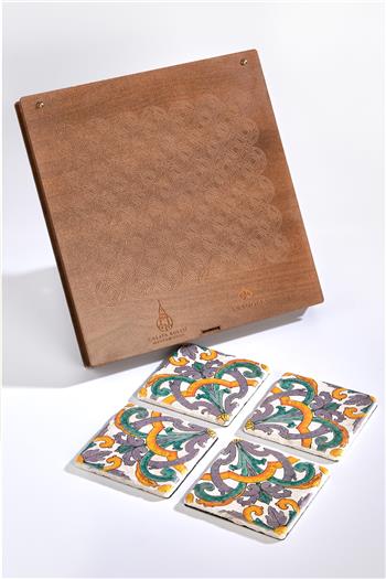 Galata Floral Desen Özel Ahşap Kutulu 4lü Traverten Bardak Altlığı