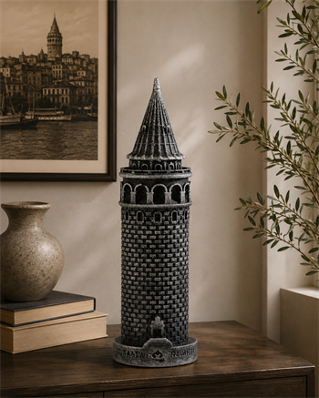 Galata Kulesi Metalik Gri Mermerit Heykel 12,5 cm