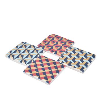 Geometrik Desen Özel Ahşap Kutulu Altın Varaklı 4lü Traverten Bardak Altlığı