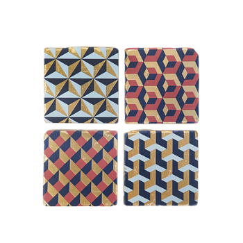 Geometrik Desen Özel Ahşap Kutulu Altın Varaklı 4lü Traverten Bardak Altlığı