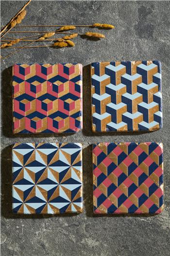 Geometrik Desen Özel Ahşap Kutulu Altın Varaklı 4lü Traverten Bardak Altlığı