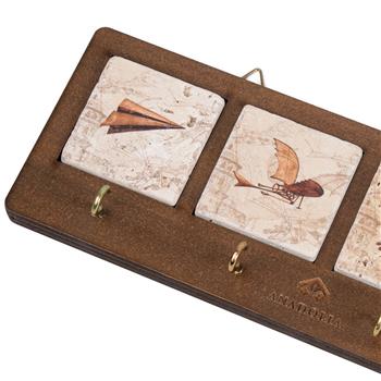 Hezârfen ve Galata Kulesi Ahşap Kutulu 4lü Traverten Dekoratif Askılık