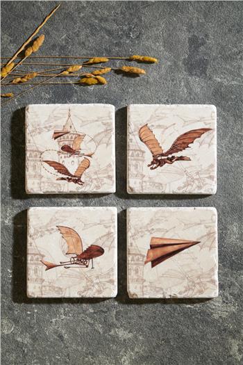Hezârfen ve Galata Kulesi Özel Ahşap Kutulu 4lü Traverten Bardak Altlığı