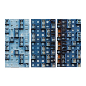 Mavi Bina Desenli Üçlü Ahşap Duvar Panosu