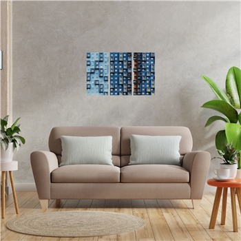 Mavi Bina Desenli Üçlü Ahşap Duvar Panosu