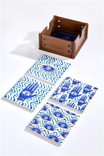 Nazar Mavi Özel Ahşap Kutulu 4lü Seramik Bardak Altlığı