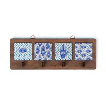 Nazar Serisi Ahşap Kutulu 4lü Traverten Dekoratif Askılık