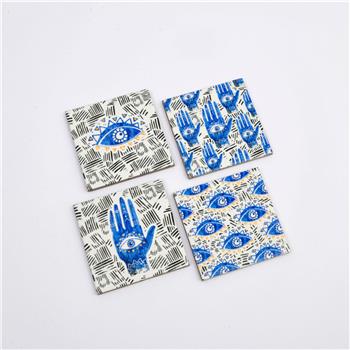 Nazar Siyah Özel Ahşap Kutulu 4lü Seramik Bardak Altlığı