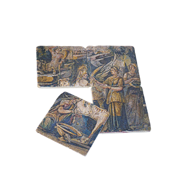 Pegasus Mozaiği Özel Ahşap Kutulu 4lü Traverten Bardak Altlığı