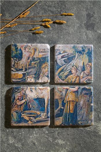 Pegasus Mozaiği Özel Ahşap Kutulu 4lü Traverten Bardak Altlığı