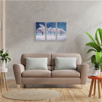 Pembe Ağaç Desenli Üçlü Ahşap Duvar Panosu