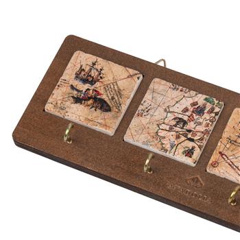 Piri Reis Serisi Ahşap Kutulu 4lü Traverten Dekoratif Askılık