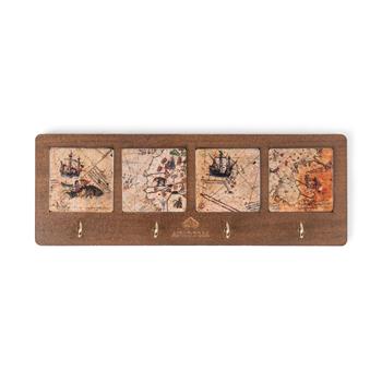 Piri Reis Serisi Ahşap Kutulu 4lü Traverten Dekoratif Askılık