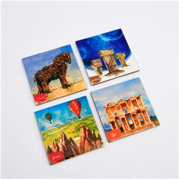 Türkiye Serisi Özel Ahşap Kutulu 4lü Seramik Bardak Altlığı