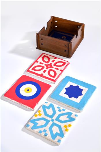 Türkiye Tasarımı Özel Ahşap Kutulu 4lü Traverten Bardak Altlığı