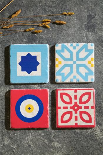 Türkiye Tasarımı Özel Ahşap Kutulu 4lü Traverten Bardak Altlığı