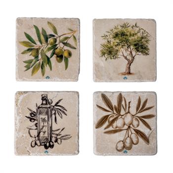 Zeytin Ağacı Desenli Traverten Tekli Bardak Altlığı