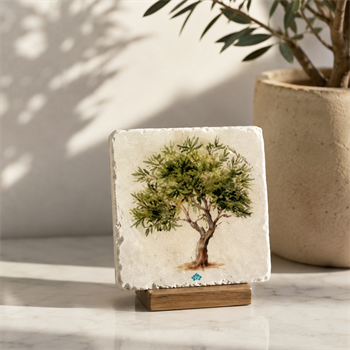 Zeytin Ağacı Desenli Traverten Tekli Bardak Altlığı