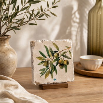Yeşil Zeytin Dalı Desenli Traverten Tekli Bardak Altlığı