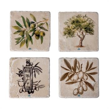 Zeytinyağı Desenli Ahşap Kutulu Traverten Tekli Bardak Altlığı