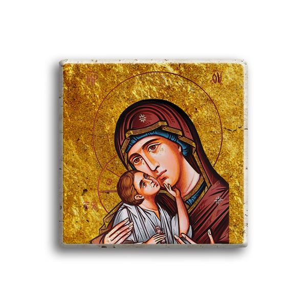 Şefkatli Meryem Ana ve Çocuk İsa Varaklı Traverten Magnet