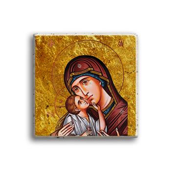 Şefkatli Meryem Ana ve Çocuk İsa Varaklı Traverten Magnet