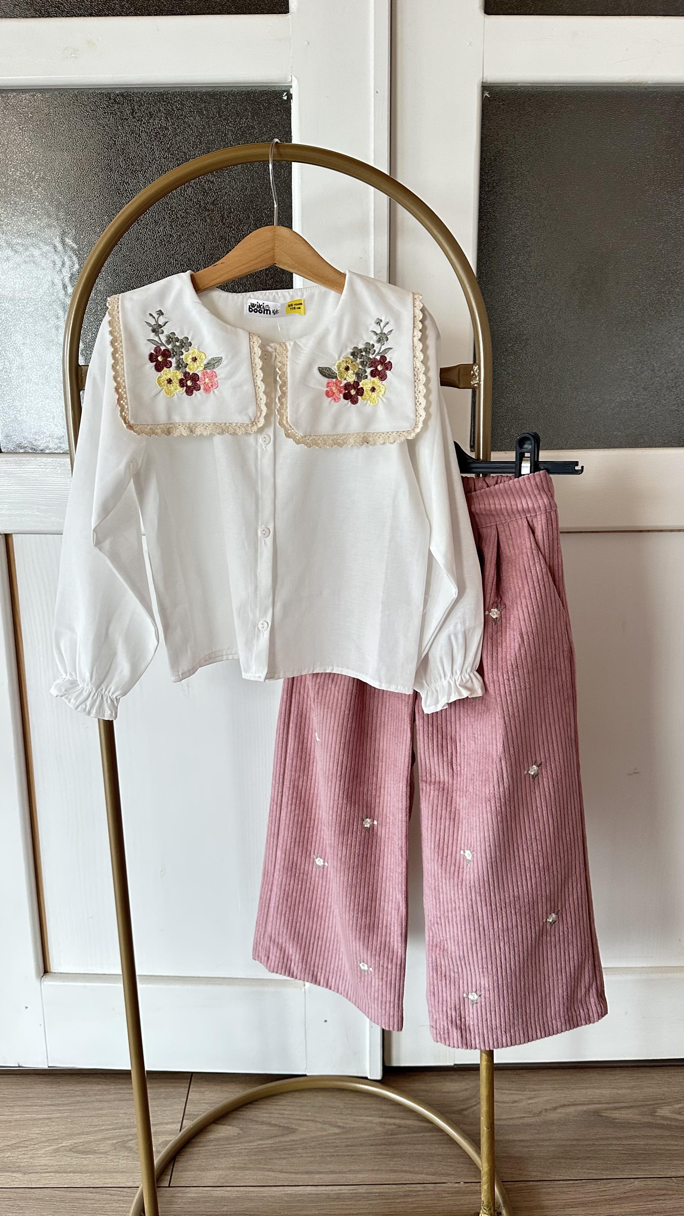 PEMBE KADİFE PANTALON & NAKIŞLI BLUZ  TAKIM