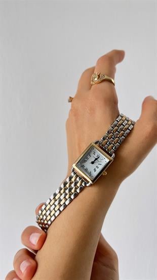 Stone Dikdörtgen Kasa Vintage Gold-Gümüş Saat