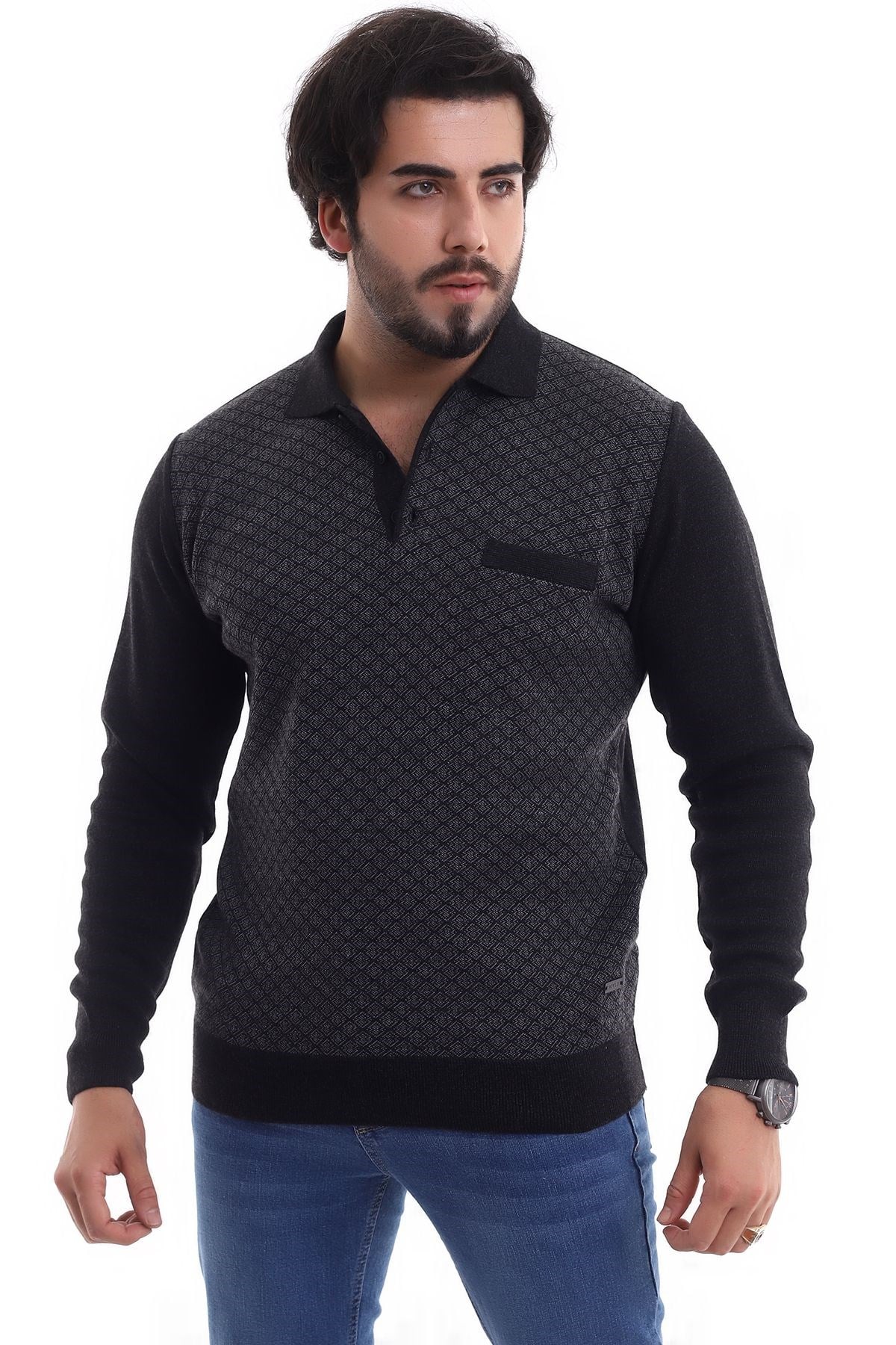 Polo Yaka Desenli Kazak Antrasit (3116)