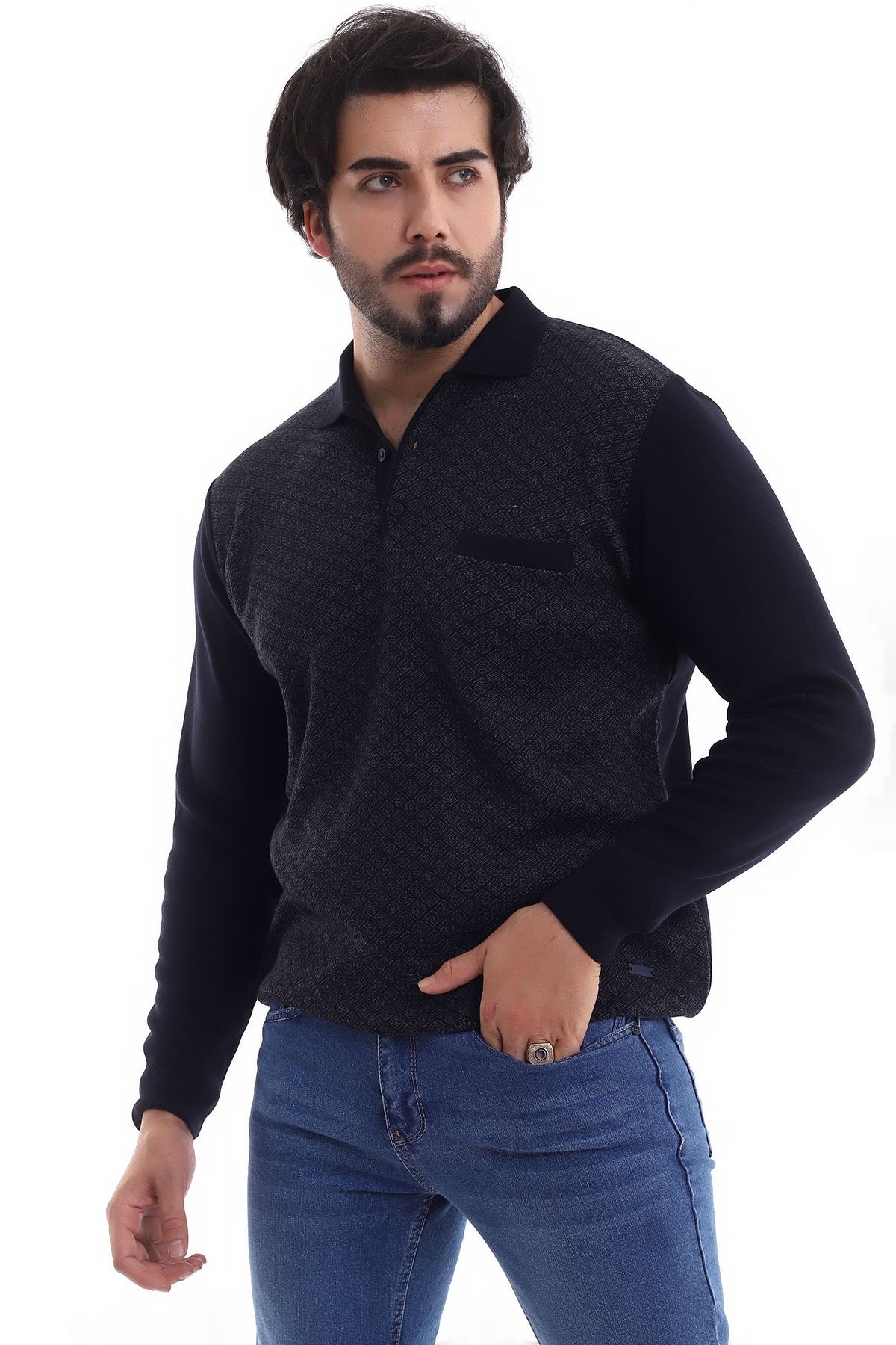 Polo Yaka Desenli Kazak Lacivert (3116)