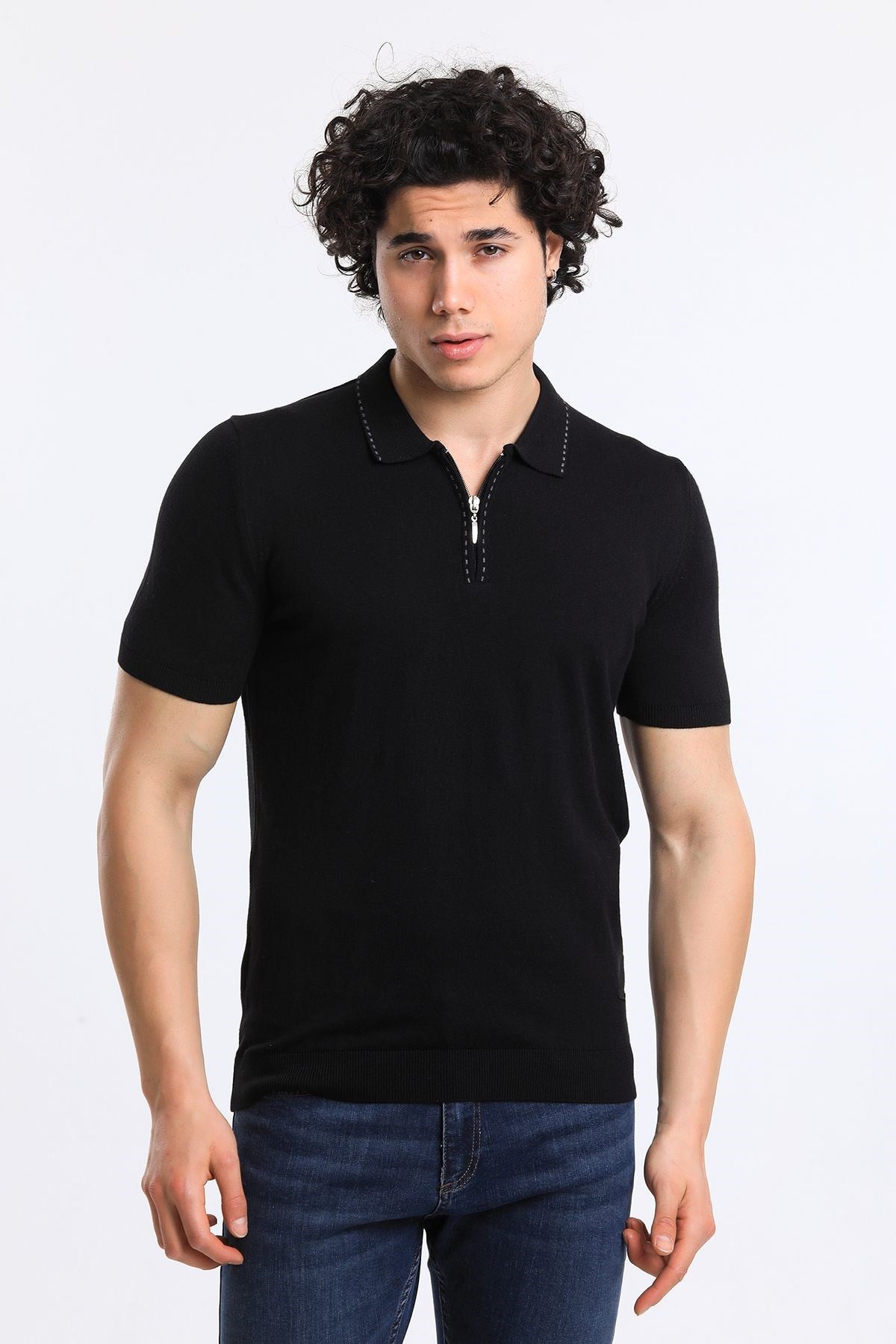 Soylu Trend  I soylutrend.comT-SHİRTSoylu Trend2003SİYAHErkek Fermuarlı Polo Yaka Triko T-Shirt Pamuklu Siyah (2003)