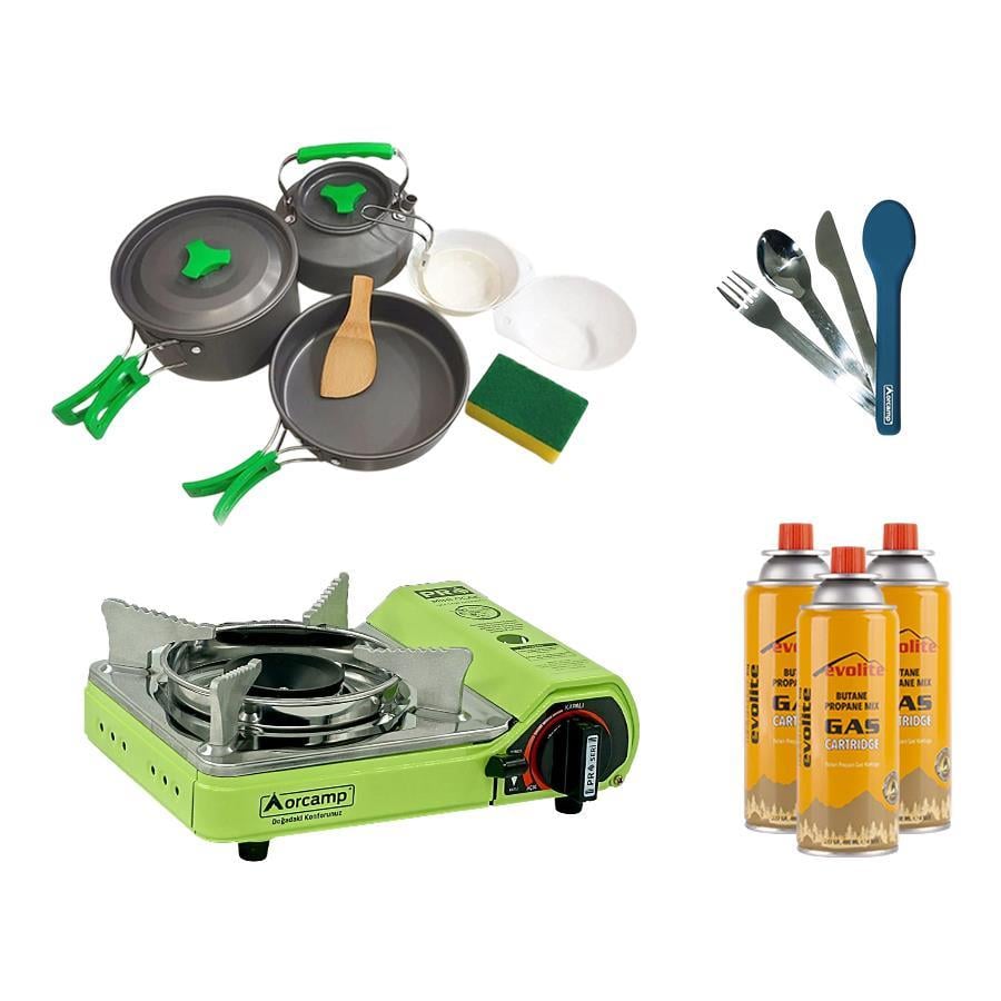 Orcamp Mini Portatif Kamp Ocağı Yeşil + 3'lü Tencere Seti + ÇKB(OUT-1970-M) + 3 Evolite 227 gr Gaz Kartuşu EVO-006-D3