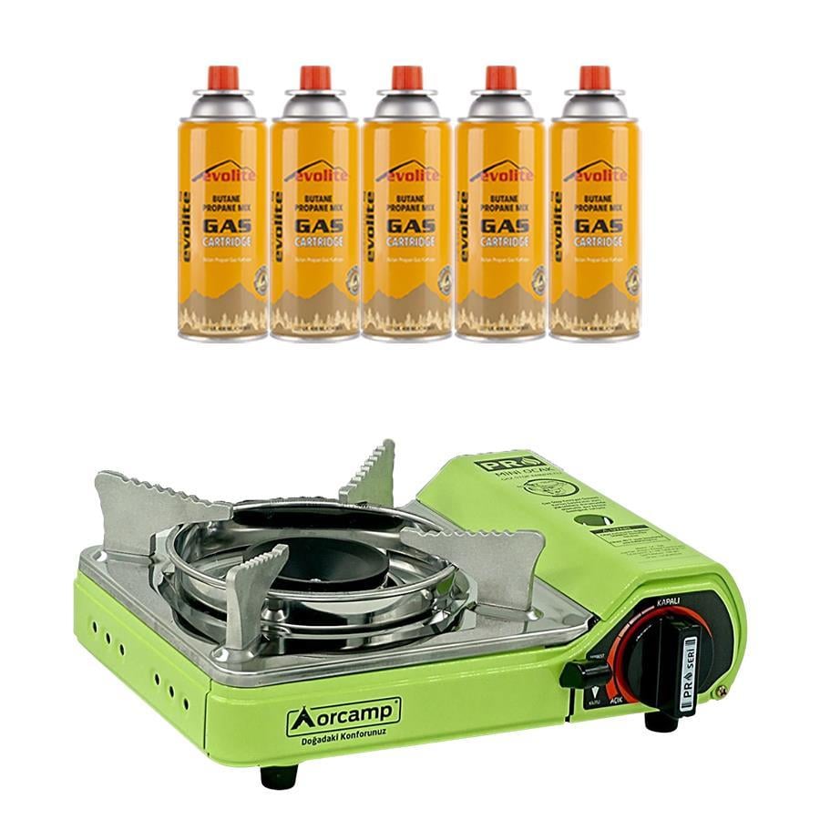 Orcamp Mini Portatif Kamp Ocağı Yeşil + 5 Evolite 227 gr Gaz Kartuşu EVO-006-A4