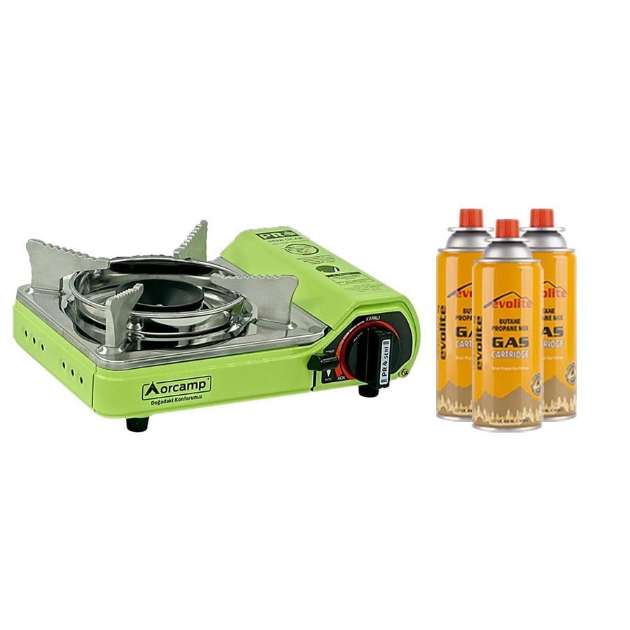 Orcamp Mini Portatif Kamp Ocağı Yeşil + 3 Evolite 227 gr Gaz Kartuşu EVO-006-A2
