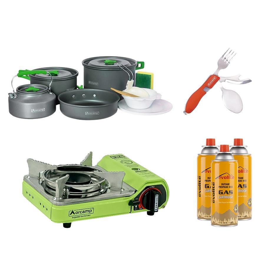 Orcamp Mini Portatif Kamp Ocağı Yeşil + 4'lü Tencere Seti + ÇKB(OUT-1350-K) + 3 Evolite 227 gr Gaz Kartuşu EVO-006-D1
