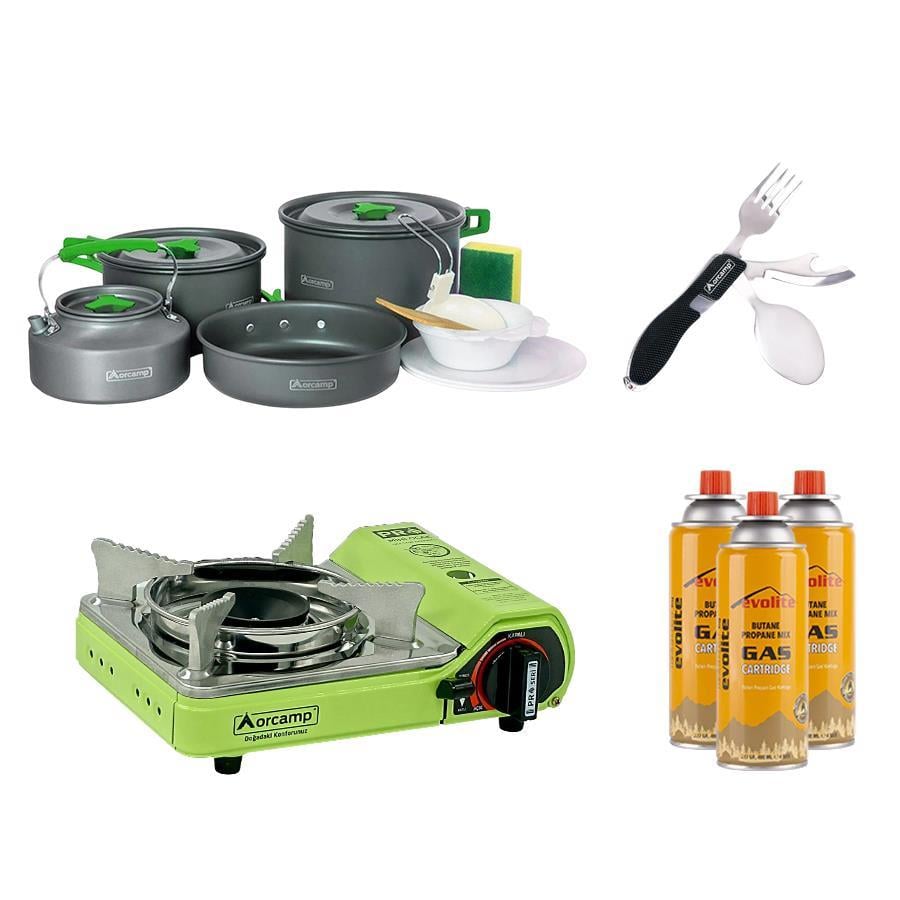 Orcamp Mini Portatif Kamp Ocağı Yeşil+ 4'lü Tencere Seti + ÇKB(OUT-1350-S) + 3 Evolite 227 gr Gaz Kartuşu EVO-006-D2