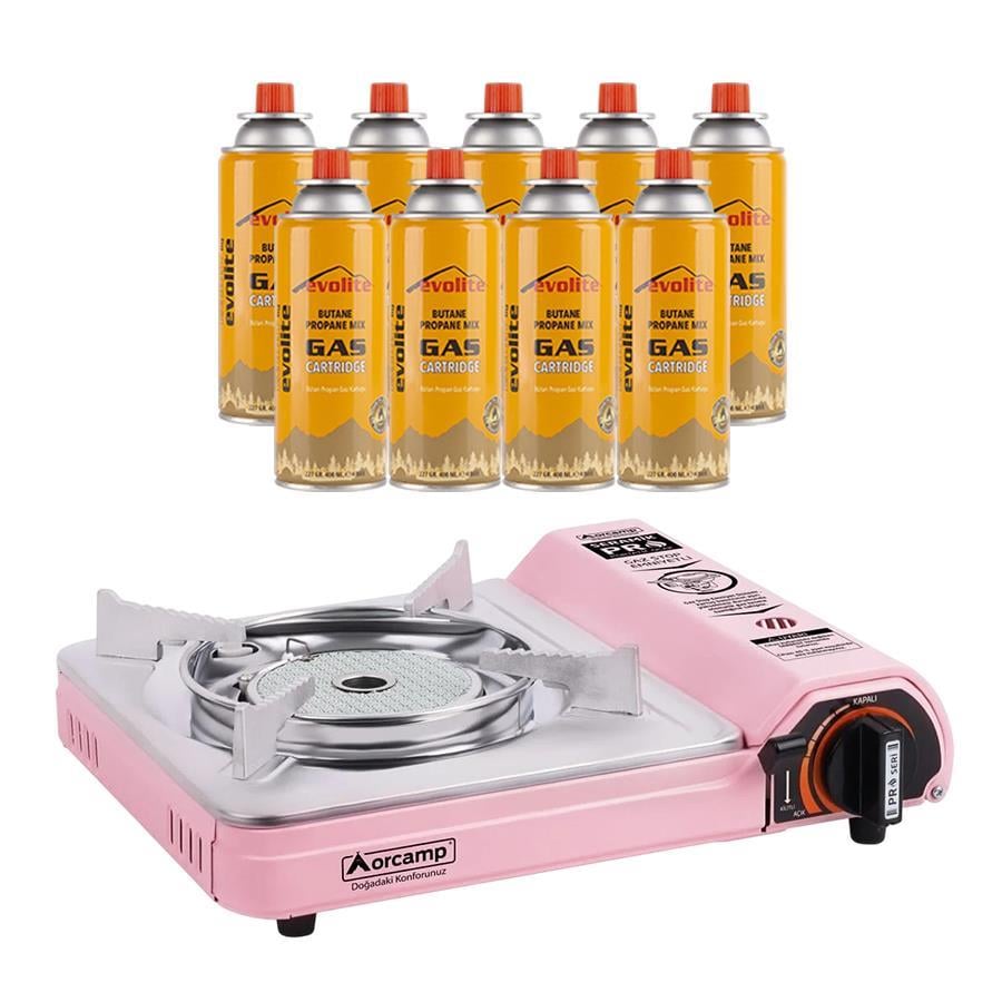 Orcamp Seramik Pro Portatif Kamp Ocağı Pembe + 9 Evolite 227 gr Gaz Kartuşu EVO-008-A8