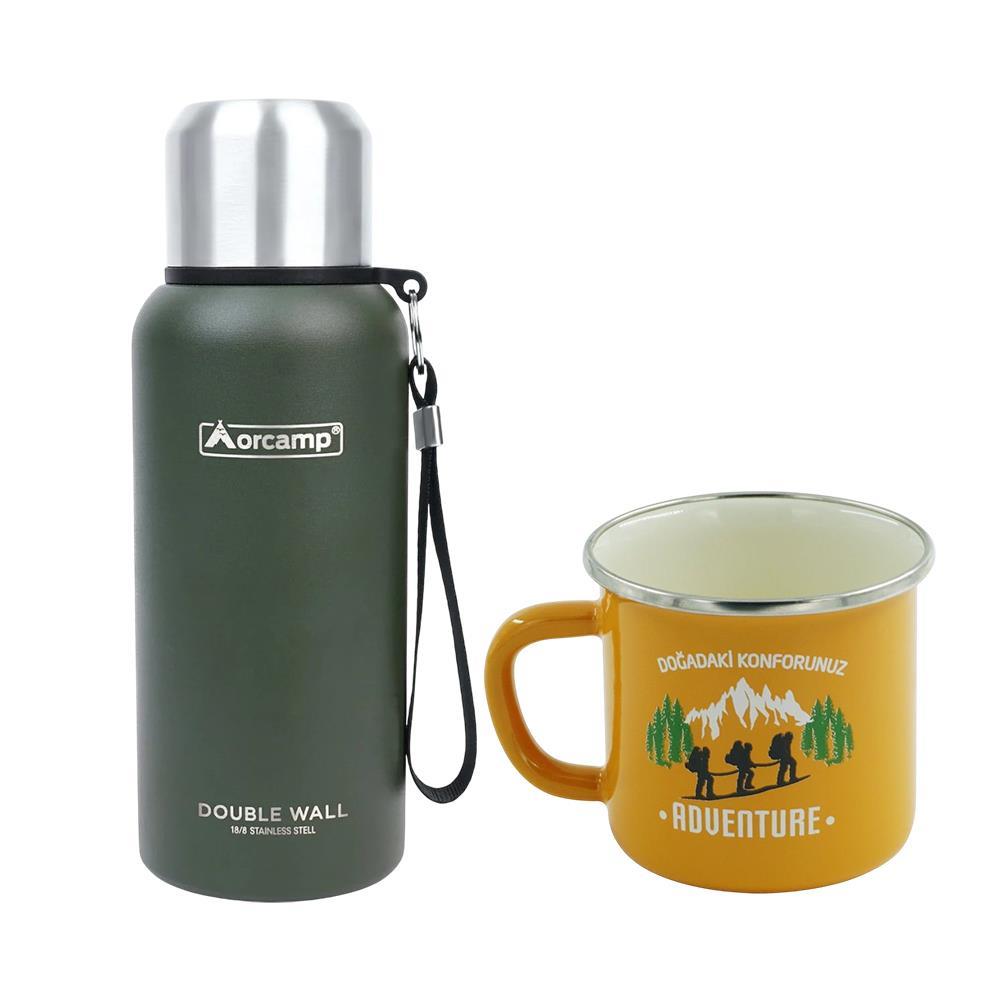Orcamp Çelik Termos 0.50 Lt Yeşil OUT-5000+Emaye Adventure 180 ml Kupa OUT-1900 Sarı ORC-066-B-S1