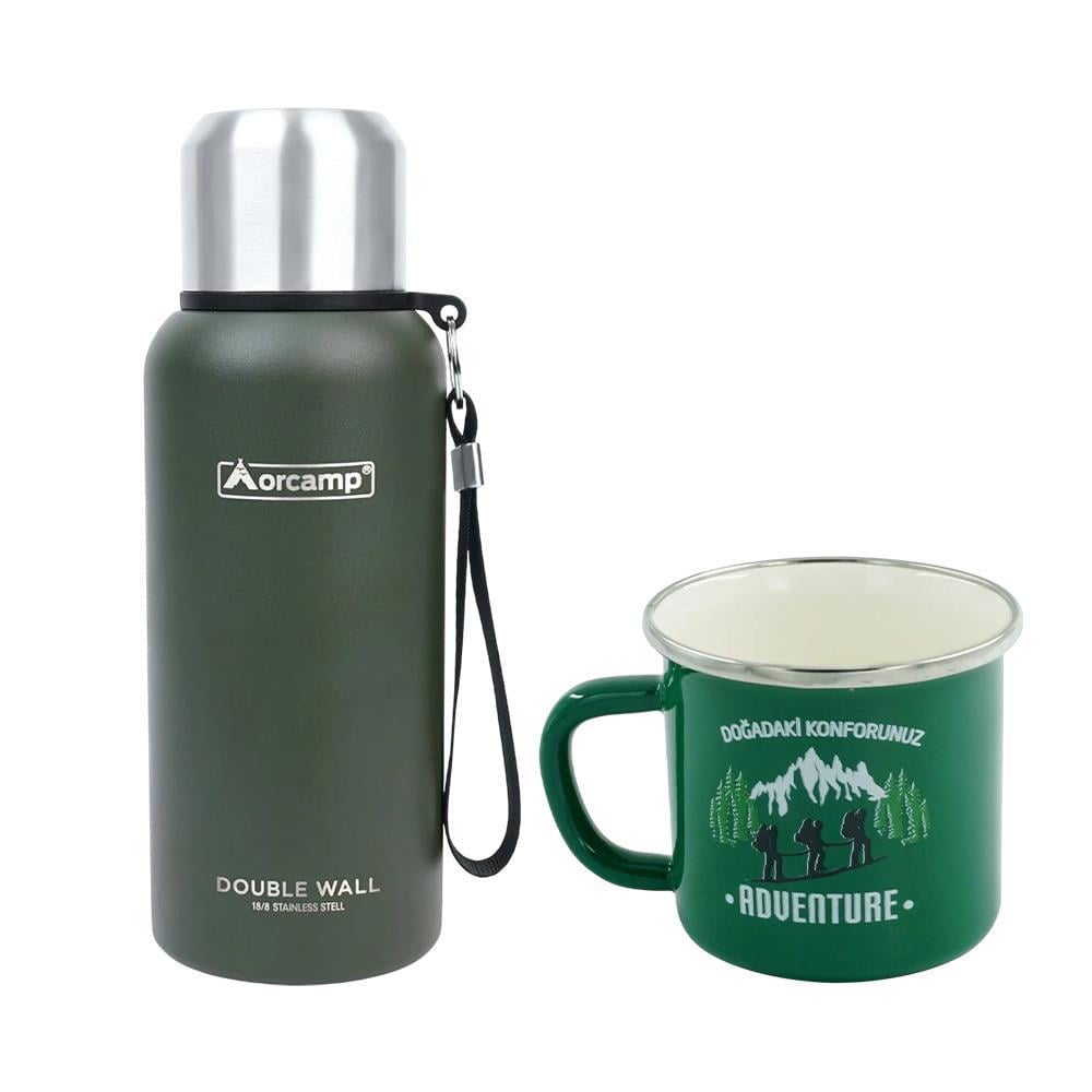 Orcamp Çelik Termos 0.50 Lt Yeşil OUT-5000+Emaye Adventure 180 ml Kupa OUT-1900 Yeşil ORC-066-B-Y1