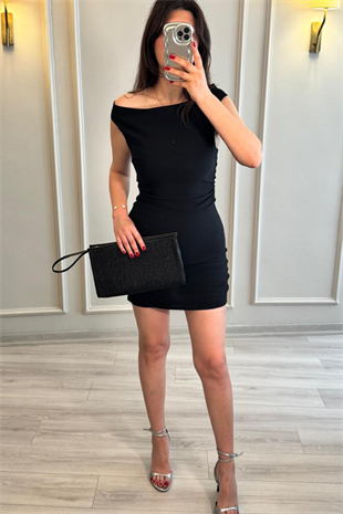 Bardot Mini Elbise Siyah