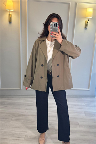 Oversize Kısa Trençkot Haki Yeşil