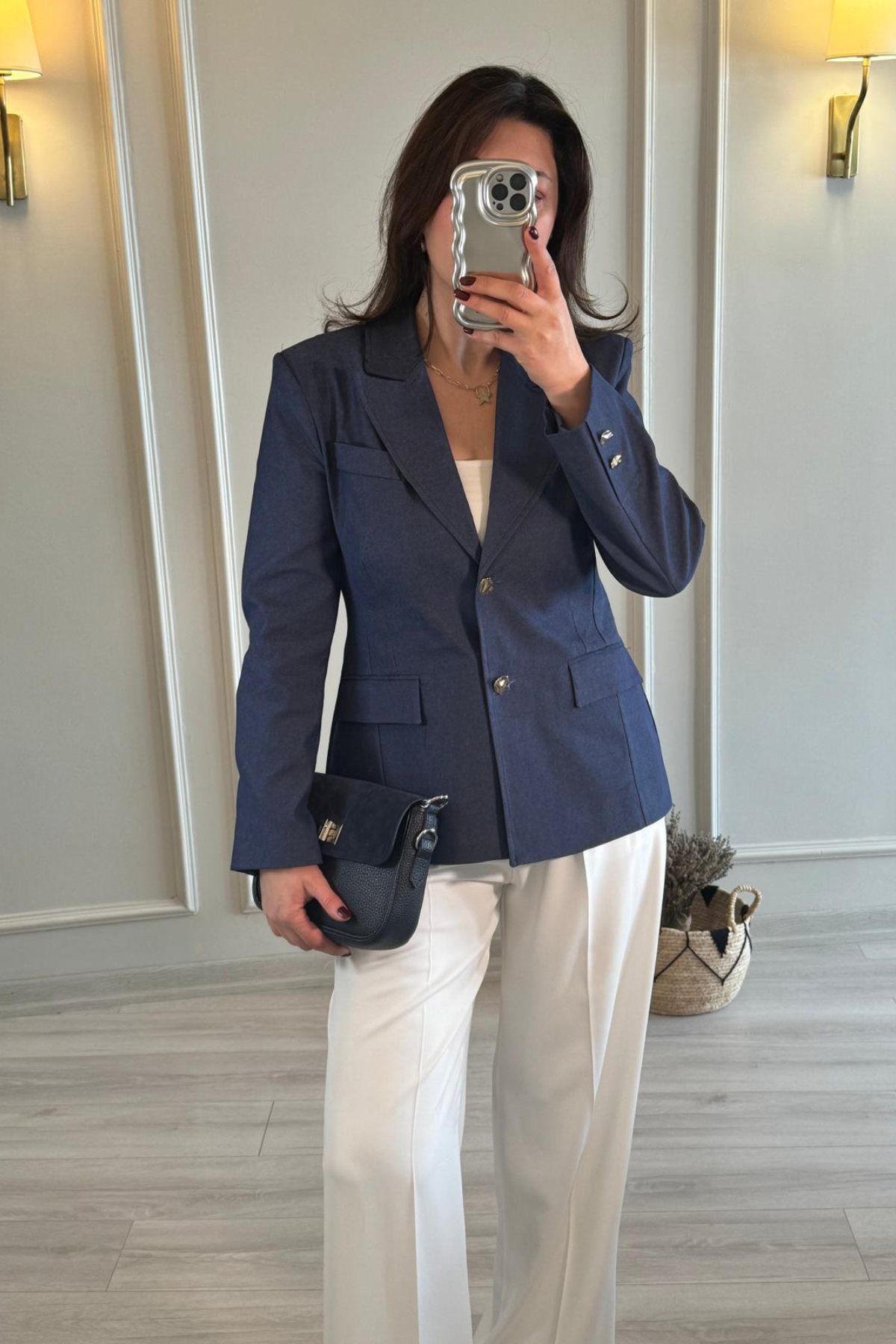 Belden Oturan Denim Blazer Ceket İndigo Mavi