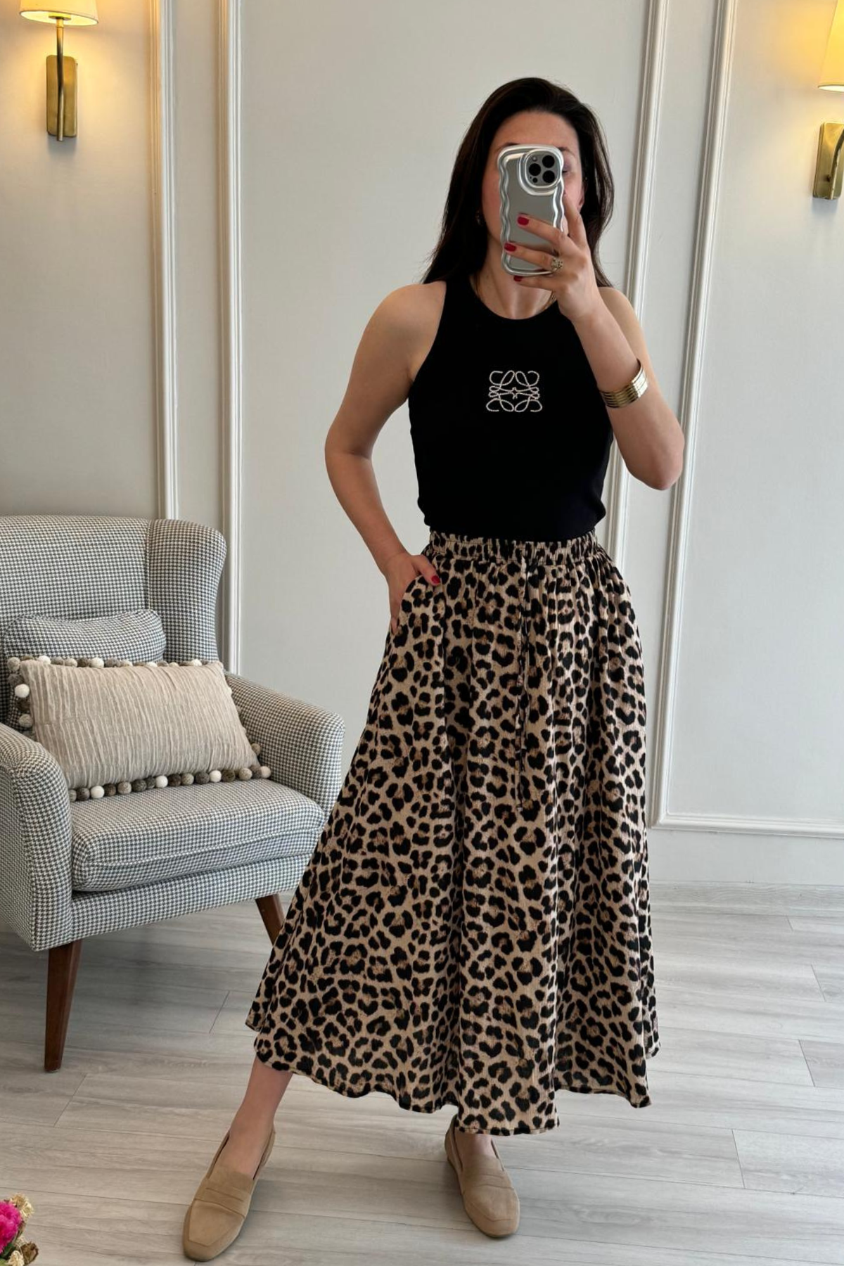Beli Lastikli Kloş Etek Leopar Desenli