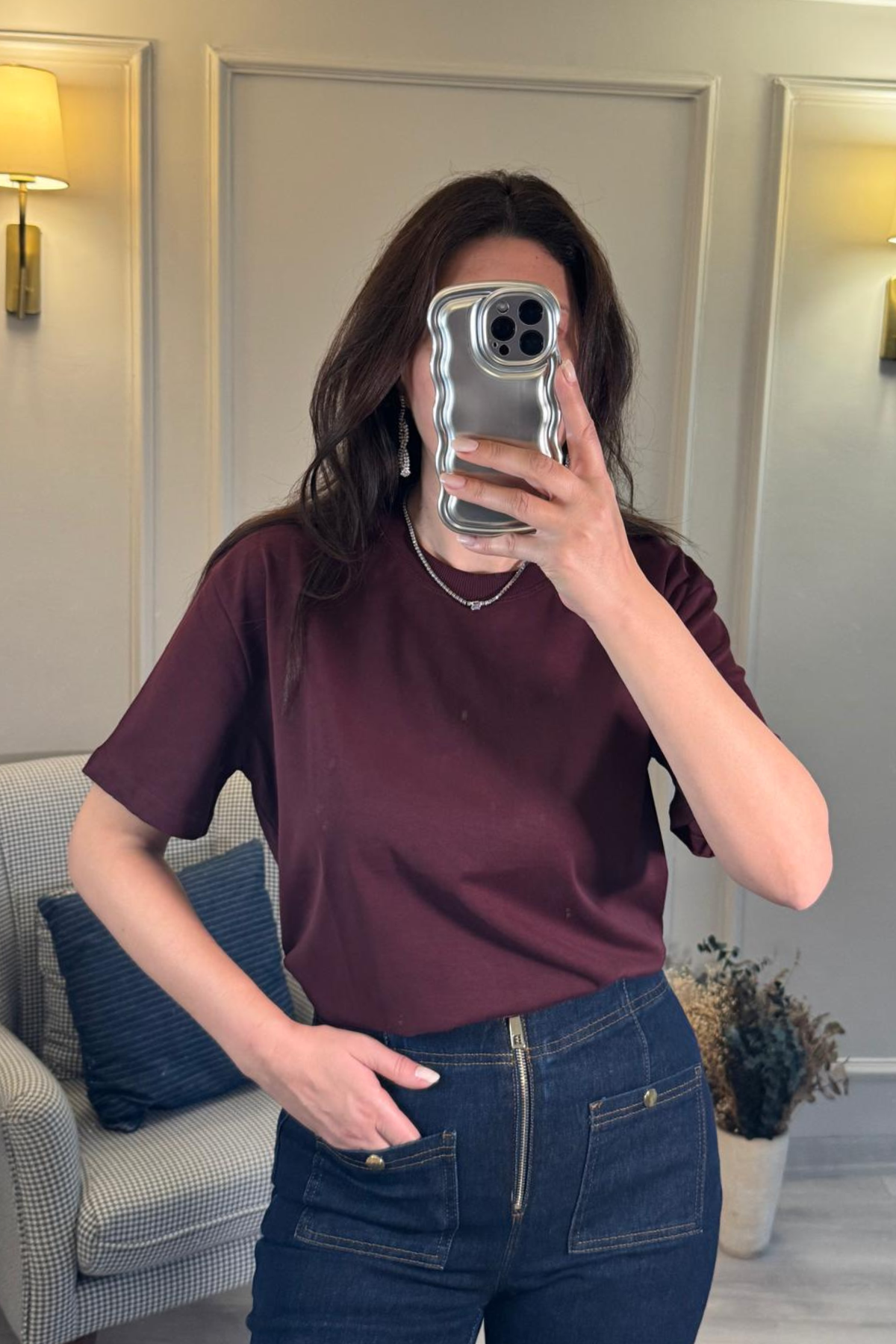 Dilvin Dekoratif Yakalı Basic T-Shirt Bordo