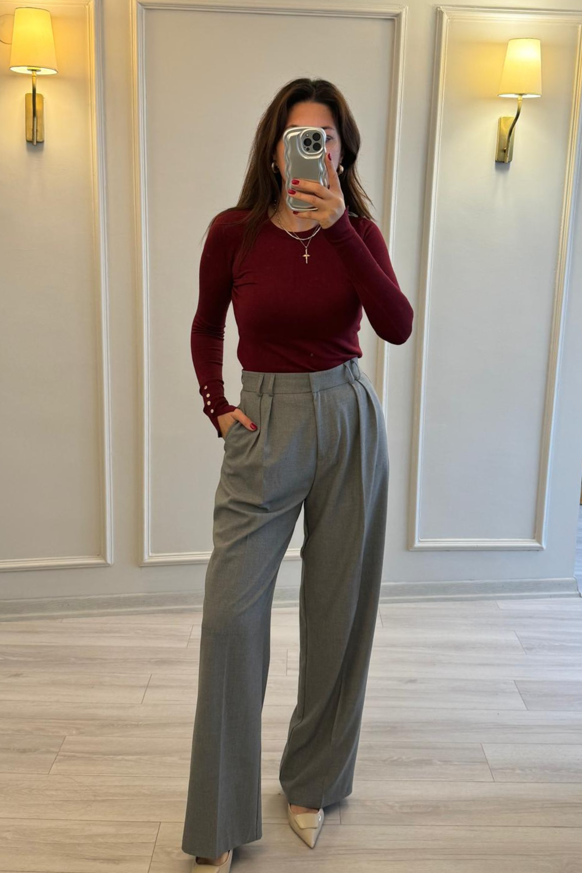 Dilvin Gold Düğmeli İpek Merserize Bluz Bordo