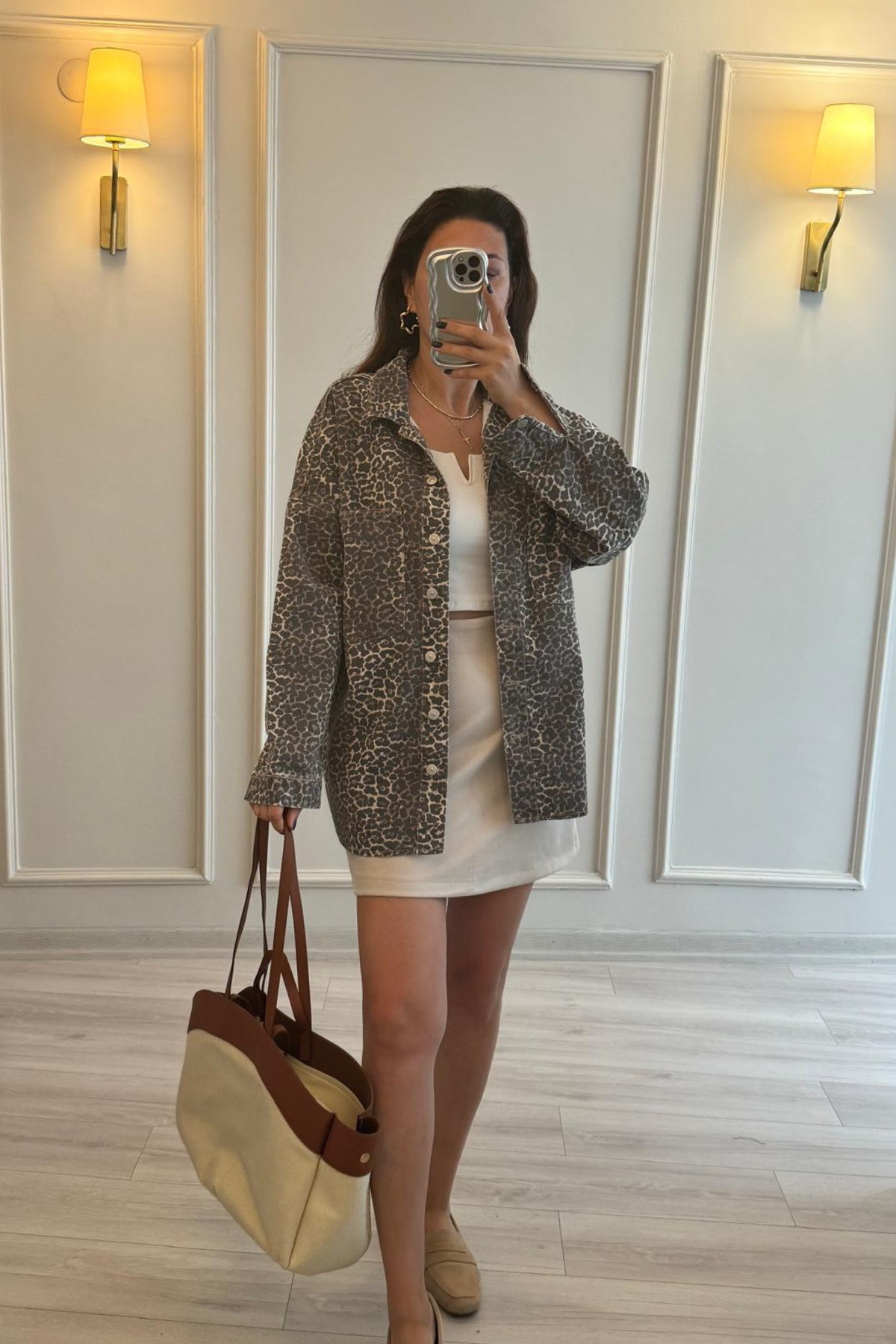 Dilvin Oversize Denim Ceket Leopar Desenli