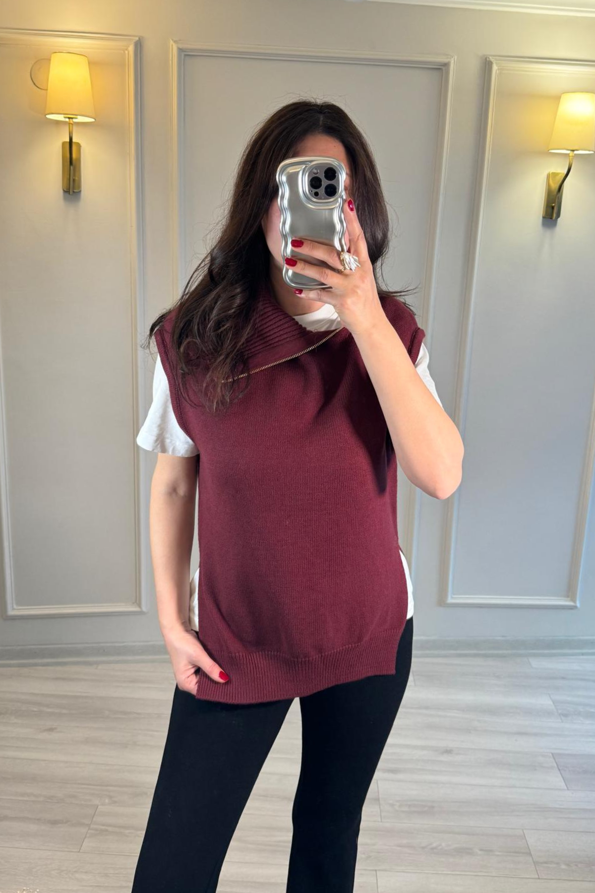 Fermuarlı Yaka Triko Süveter Bordo