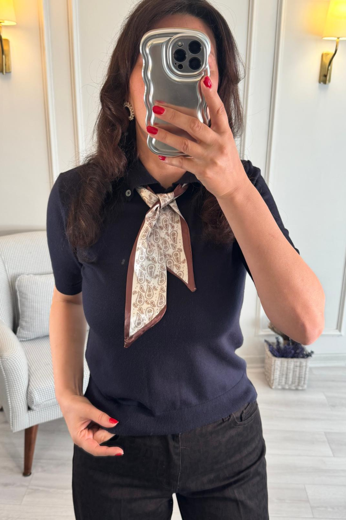 Fularlı Polo Yaka Triko Bluz Lacivert