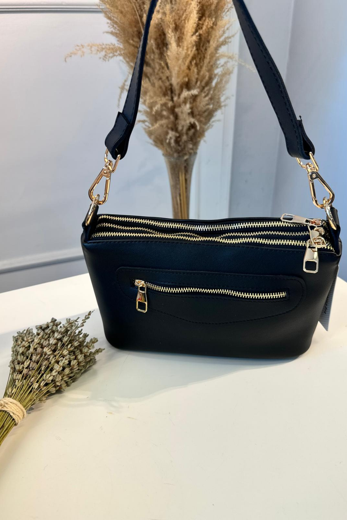 Gerçek Deri 3 Fermuarlı El ve Omuz Çantası Siyah